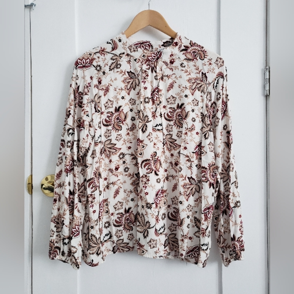 Floral Print Women's Top - White and Burgundy Long Sleeve Blouse
